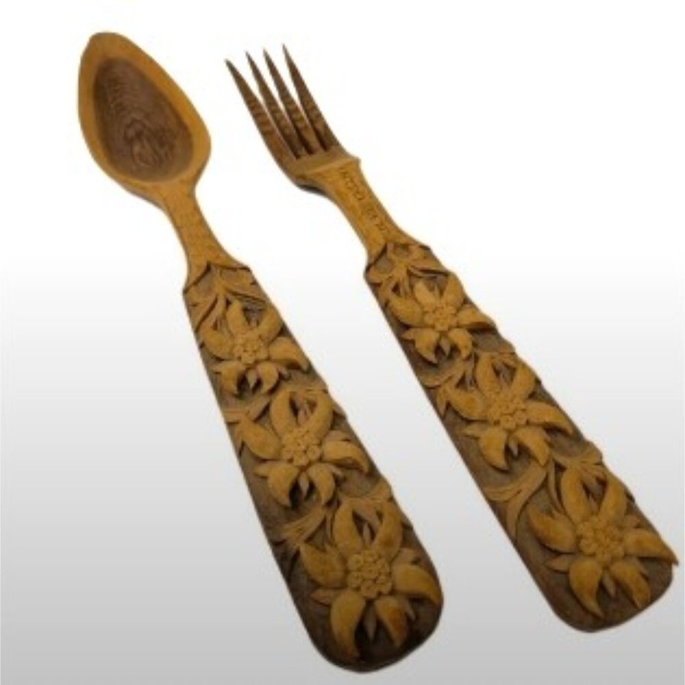 Vintage Hand-Carved Edelweiss Wooden Fork & Spoon Set Swiss Alps 24.5cm